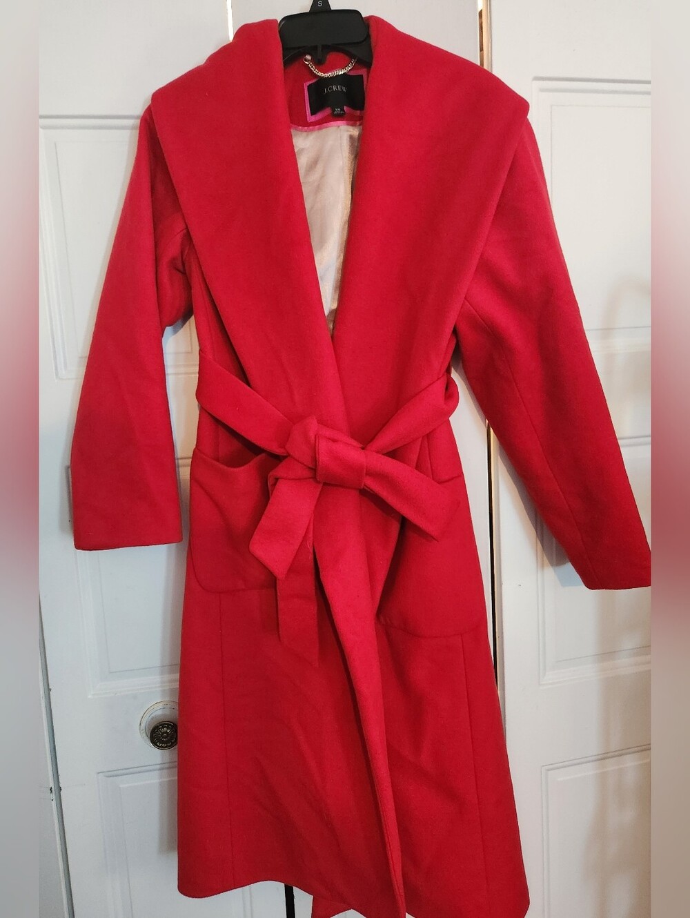 J CREW RED WOOL/CASHMERE WRAP/TIE 3/4 LENGTH COAT, XS